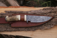 Custom Handmade Damascus Steel Hunting Knife with Rosewood, Stag Horn, Bone and Damascus Guard Handle