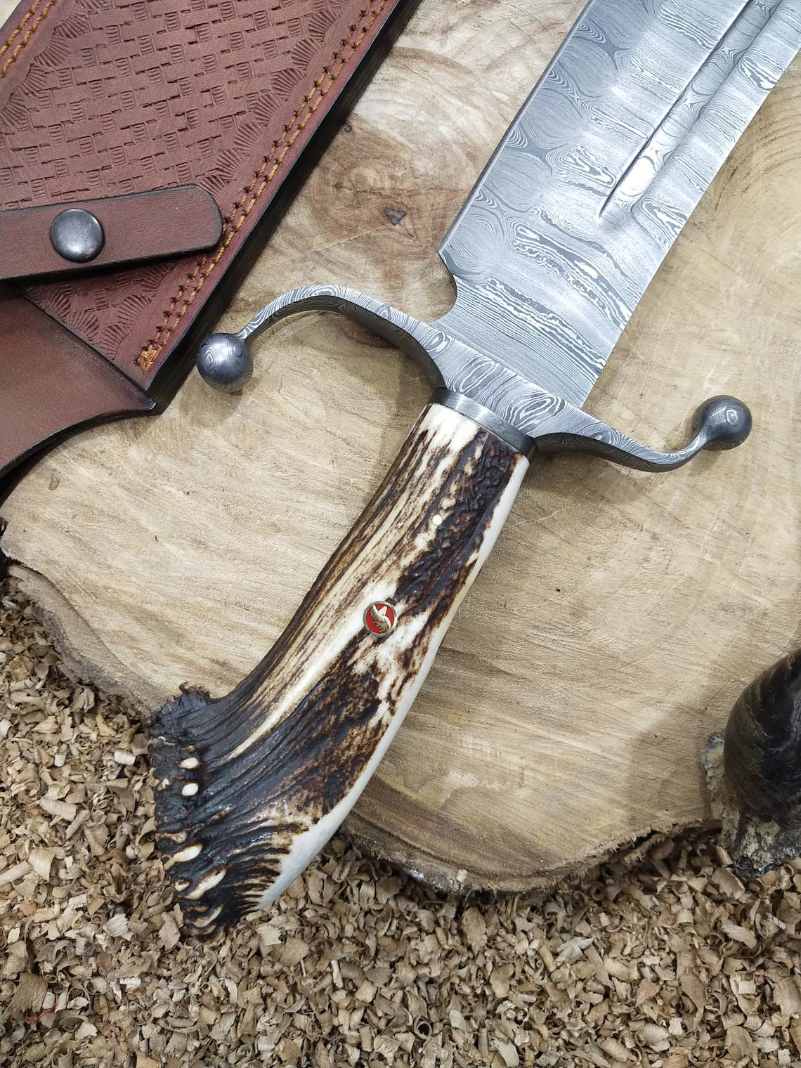 15-Inch Bowie Knife with Custom Forged Damascus Guard and Antler Horn Handle