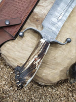 15-Inch Bowie Knife with Custom Forged Damascus Guard and Antler Horn Handle