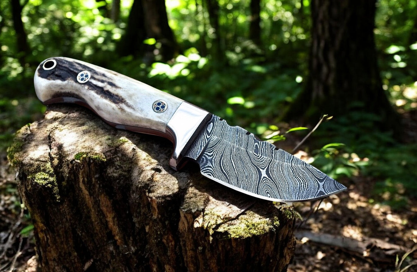 Custom Damascus Steel Field Dressing Knife with Antler Horn Handle

