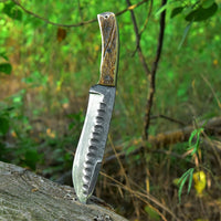 Custom handmade full tang hand-forged 1095 high carbon steel camping knife with antler horn handle and leather sheath
