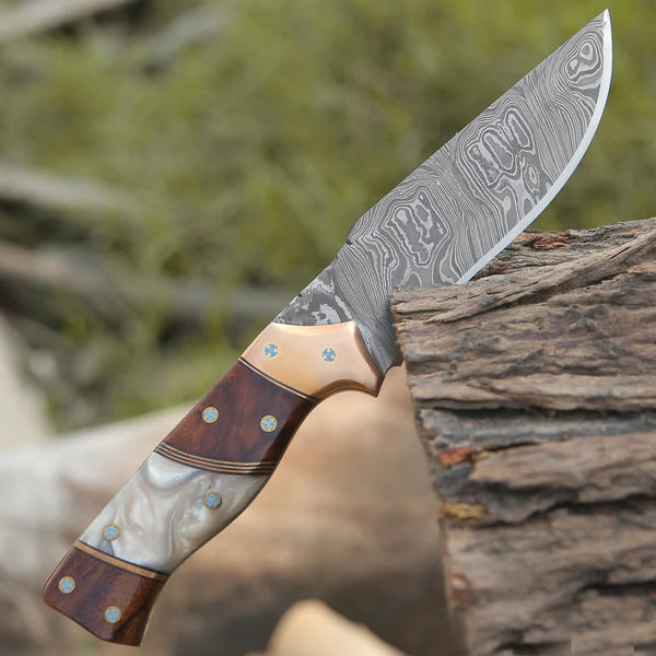 Custom Handmade Damascus Steel Hunting Knife with Epoxy Pearl Resin Handle, Leather Sheath and Rosewood & Brass Bolster by KBS Knives Store