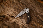 Hand Engraved Custom Damascus Steel Folding Pocket Knife with Wenge Wood Handle and Leather Case