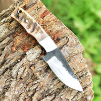 "Custom Handmade 1095 Forged Steel Skinning Knife | Sheep Horn Handle | 7.5 Inches | Leather Sheath | KBS Knives Store"