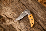 Custom Handmade Damascus Steel EDC Folding Pocket Knife with Olive Wood Handle and Leather Case