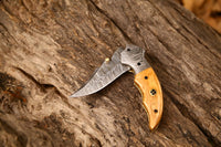 Custom Handmade Damascus Steel EDC Folding Pocket Knife with Olive Wood Handle and Leather Case