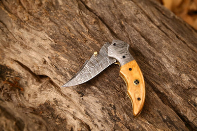 Custom Handmade Damascus Steel EDC Folding Pocket Knife with Olive Wood Handle and Leather Case