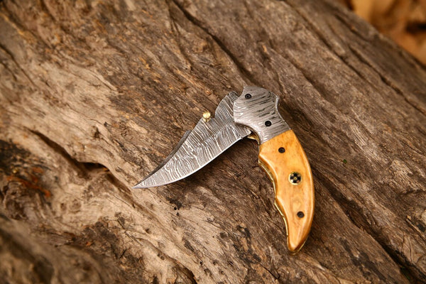 Custom Handmade Damascus Steel EDC Folding Pocket Knife with Olive Wood Handle and Leather Case