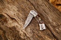 Custom Handmade Damascus Steel Folding Pocket Knife with Sheep Horn Handle, 3-Inch Blade, and Leather Case