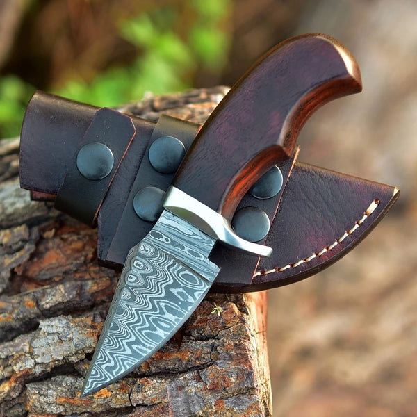 "Custom Handmade Damascus Steel EDC Skinning Knife with Rosewood Handle and Leather Sheath, 7 Inches, Available at KBS Knives Store"