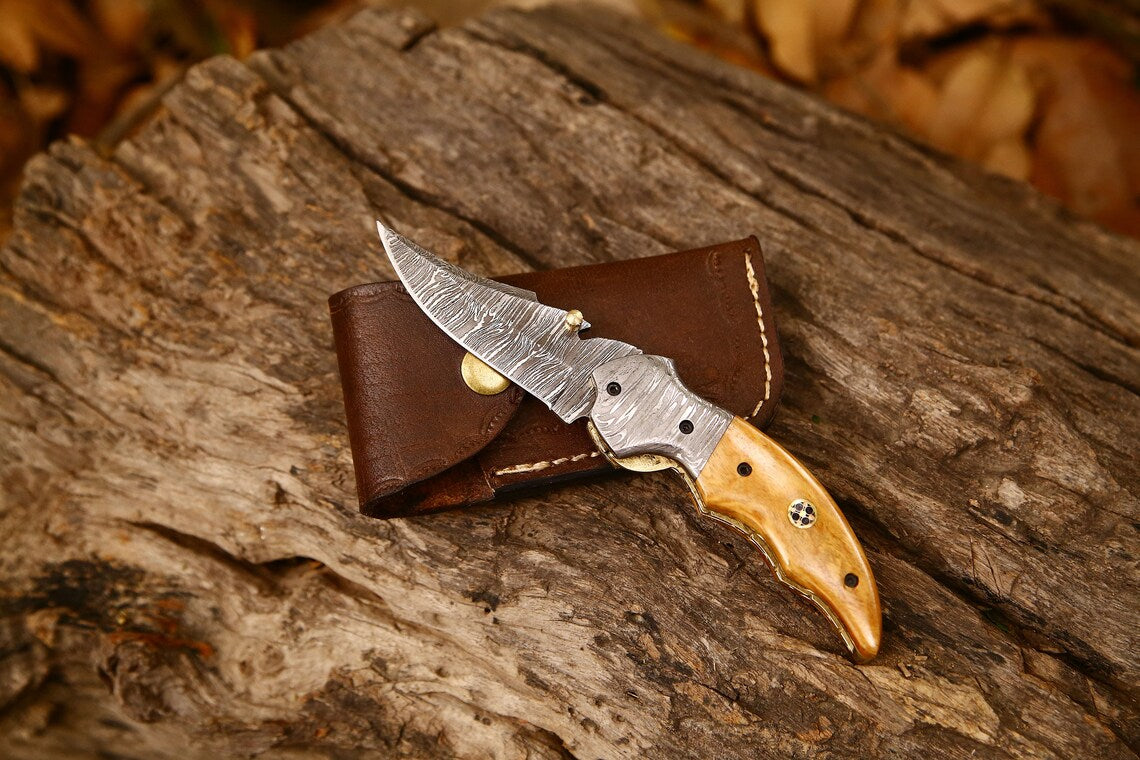 3-Inch Damascus Steel Blade Pocket Knife with Olive Wood Handle and Damascus Bolster