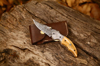 3-Inch Damascus Steel Blade Pocket Knife with Olive Wood Handle and Damascus Bolster