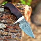 "Custom Handmade Damascus Steel EDC Skinning Knife with Rosewood Handle and Leather Sheath, 7 Inches, Available at KBS Knives Store"