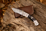 3-Inch Damascus Steel Tanto Blade Pocket Knife with Buffalo Horn Handle and Damascus Bolsters