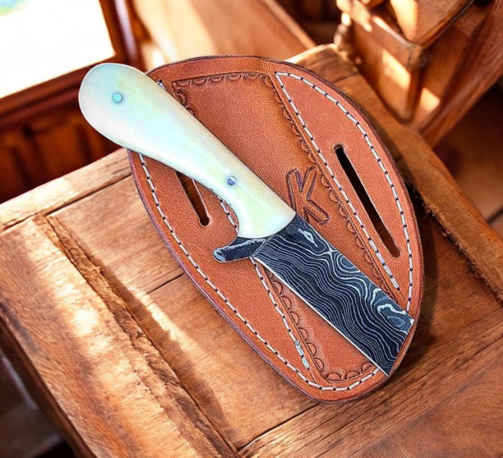Handcrafted Bull Cutter Knife with Sheath - Damascus Steel