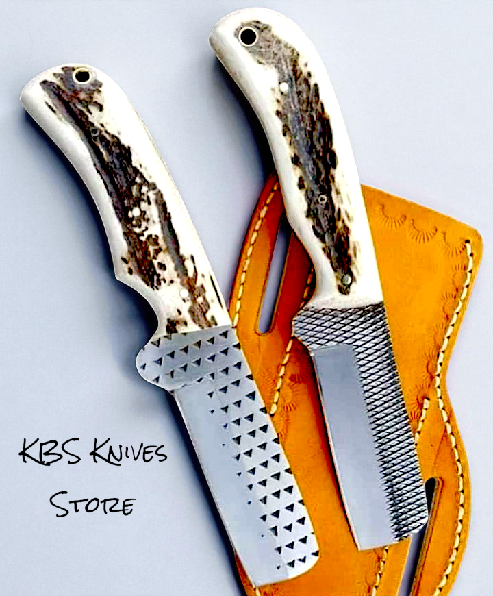Western knife for sale with 8-inch rasp steel bull cutter blade, antler horn handle, and leather sheath by KBS Knives