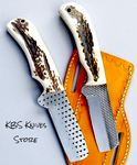 Western knife for sale with 8-inch rasp steel bull cutter blade, antler horn handle, and leather sheath by KBS Knives