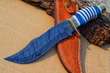 The Masterpiece Bowie - A 14-inch Bowie knife with a Damascus Steel Blade, Exotic Pakka Wood, Bone, Brass Guard, and Spacers handle, complete with a leather sheath, available at KBS Knives Store for outdoor enthusiasts and collectors.