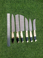 The Culinary Excellence - A 6-piece Kitchen Knives Set featuring Damascus Steel Blades and handles made from Bone, Buffalo Horn, and Brass Spacers, complemented by a leather roll for storage and organization. Available at KBS Knives Store for culinary enthusiasts and chefs.