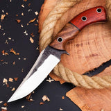 The Outdoorsman's Choice - A 10-inch hunting knife featuring a Full Tang 1095 Steel Blade, Rosewood and Red Exotic Wood handle, complete with a leather sheath, available at KBS Knives Store for outdoor enthusiasts and hunters.