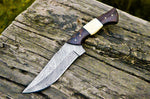 The Wilderness Elite: 10.5-Inch Hunting Knife with Full Tang Damascus Steel Blade, Bone and Wenge Wood Handle