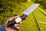 The Wilderness Elite: 10.5-Inch Hunting Knife with Full Tang Damascus Steel Blade, Bone and Wenge Wood Handle