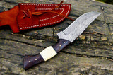 The Wilderness Elite: 10.5-Inch Hunting Knife with Full Tang Damascus Steel Blade, Bone and Wenge Wood Handle