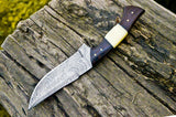 The Wilderness Elite: 10.5-Inch Hunting Knife with Full Tang Damascus Steel Blade, Bone and Wenge Wood Handle