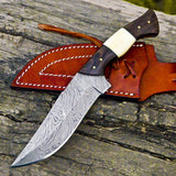 The Wilderness Elite: 10.5-Inch Hunting Knife with Full Tang Damascus Steel Blade, Bone and Wenge Wood Handle