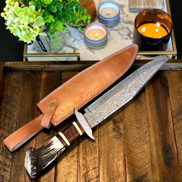 15 Handmade Damascus Steel Bowie Knife- Full Tang - Stag Antler Handl