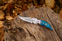 Handcrafted Damascus Steel Pocket Knife with Exotic Wood Handle, 3-Inch Blade, and Leather Case by KBS Knives