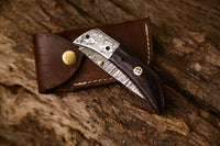 3-Inch Hand Engraved Damascus Steel Folding Knife with Leather Case and Wenge Wood Handle