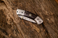 3-Inch Damascus Steel Tanto Folding Knife with Leather Case, Wenge Wood Handle, and Damascus Bolsters