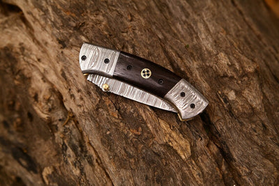 3-Inch Damascus Steel Tanto Folding Knife with Leather Case, Wenge Wood Handle, and Damascus Bolsters