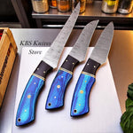 3-piece Japanese Damascus kitchen knives set with Pakka wood and G10 handles handmade by KBS Knives Store

