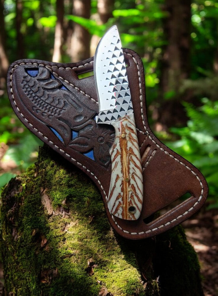 Ranch Cowboy Knives and Sheaths – 8" Full Tang Rasp Steel Blade with White Epoxy Pine-Cone Handle

