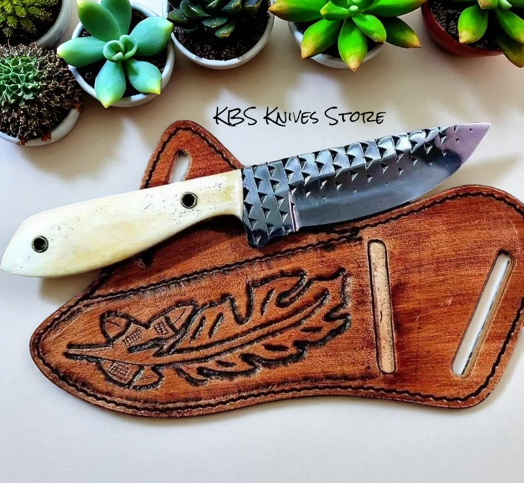 Western USA knife with 8-inch rasp steel blade, deer bone handle, and leather sheath by KBS Knives