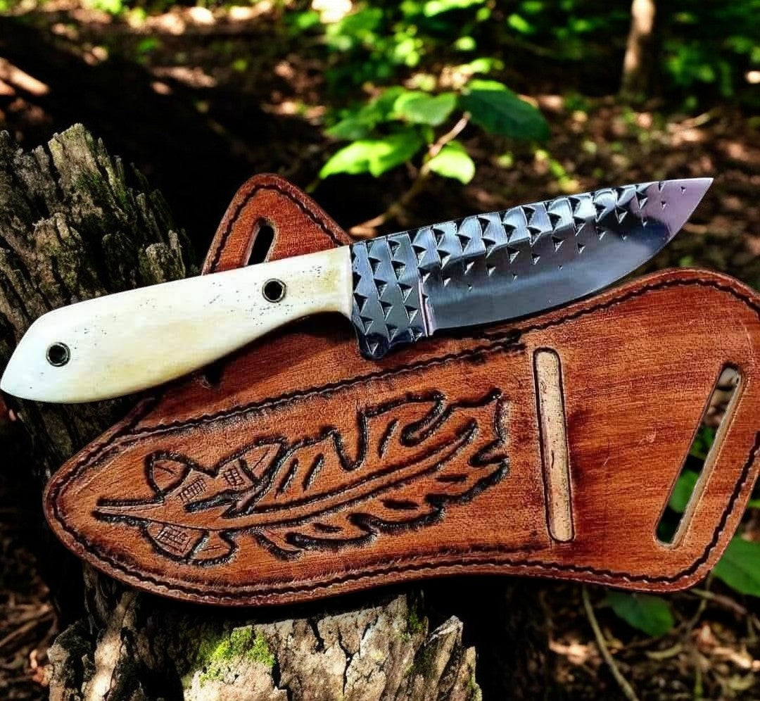 Handmade Cowboy Knife and Sheath – Rasp Steel Blade, Bone Handle, Western Leather Sheath

