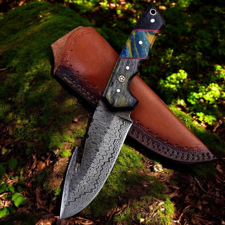 Custom Handmade Damascus Steel Gut Hook Knife – Exotic Wood Handle & Leather Sheath


