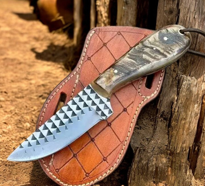 Custom Handmade Cowboy Knife with Sheep Horn Handle – 6.5" Rasp Steel Blade for Ranch, Gift & Outdoor Use