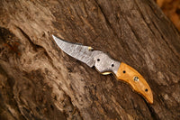 Premium Custom Damascus Steel Knife with 3-Inch Blade, Olive Wood Handle, and Leather Case