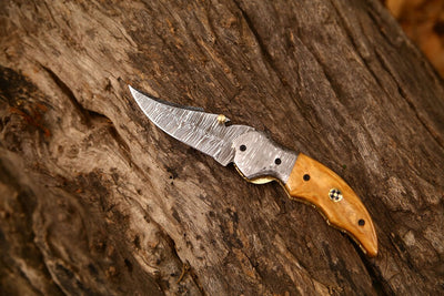 Premium Custom Damascus Steel Knife with 3-Inch Blade, Olive Wood Handle, and Leather Case