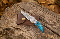 Custom Damascus Steel Folding Knife with a 3-Inch Blade, Exotic Wood Handle, and Damascus Bolster, Ideal Wedding Gift