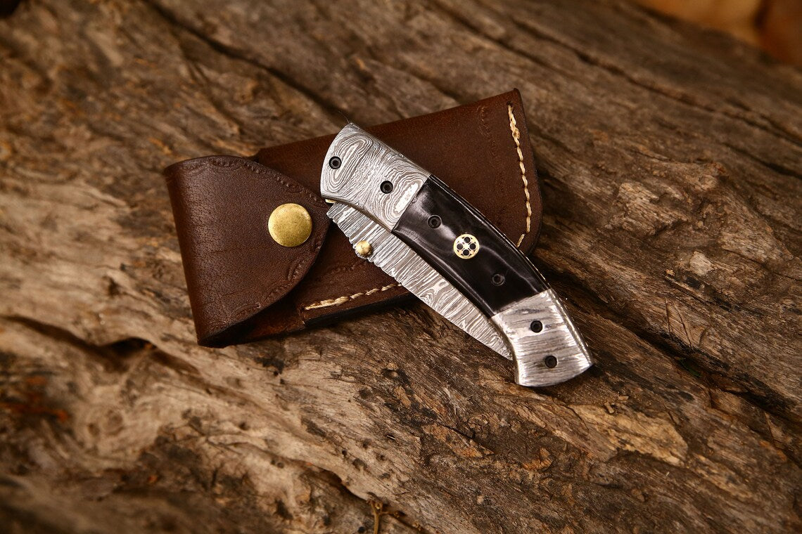 Premium Custom Damascus Steel Tanto Pocket Knife with 3-Inch Blade, Buffalo Horn Handle, and Leather Case