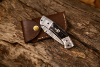 Premium Custom Damascus Steel Tanto Pocket Knife with 3-Inch Blade, Buffalo Horn Handle, and Leather Case