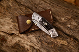 Premium Custom Damascus Steel Tanto Pocket Knife with 3-Inch Blade, Buffalo Horn Handle, and Leather Case