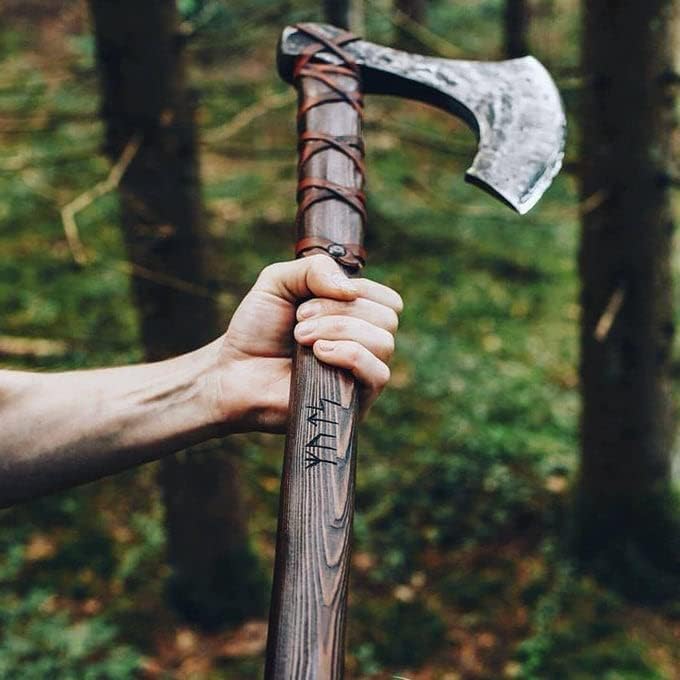 Viking Battle Axe with custom handmade forged 1095 steel blade and rosewood leather-wrapped handle