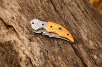Premium Custom Damascus Steel Knife with 3-Inch Blade, Olive Wood Handle, and Leather Case