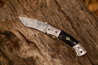 Elegant Damascus Steel Tanto EDC Knife with Buffalo Horn Handle and Leather Case for Groomsmen Gifts
