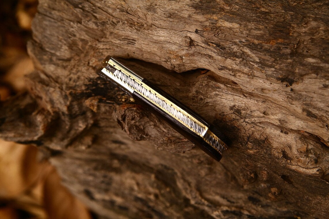 Unique Damascus Steel EDC Folding Knife with Wenge Wood Handle, 3-Inch Blade, and Leather Case for Groomsmen